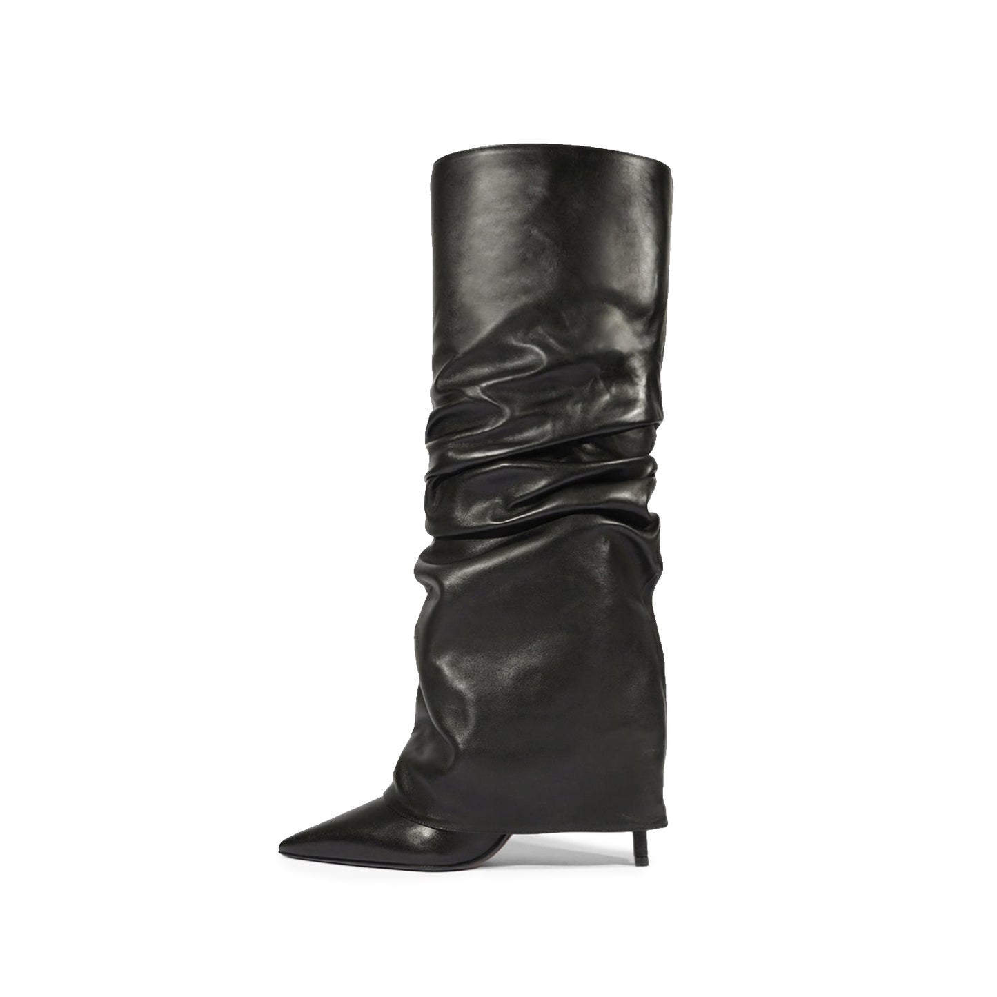 Black Pointed-Toe Tall Fold-Over Wide Calf Knee High Stiletto Boots