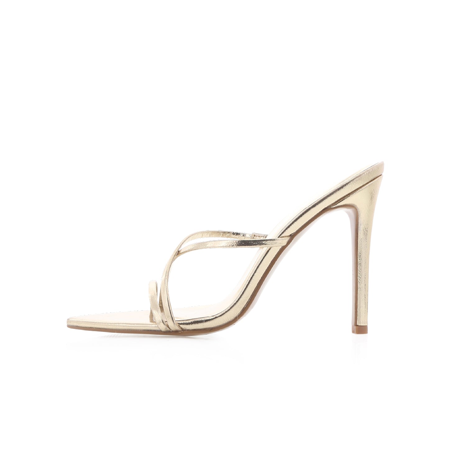 Metallic Gold Open Pointed-Toe Three Straps High Heels