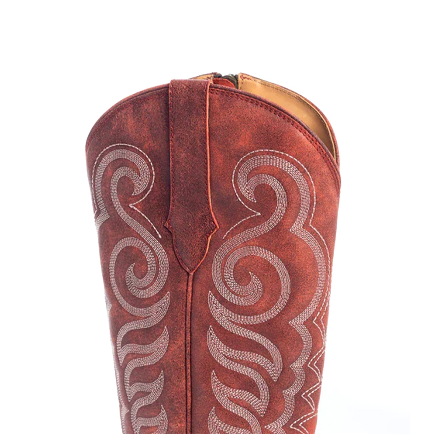 Distressed Red Almond-Toe Curled Embroidery Full-Zip Knee High Cowgirl Boots