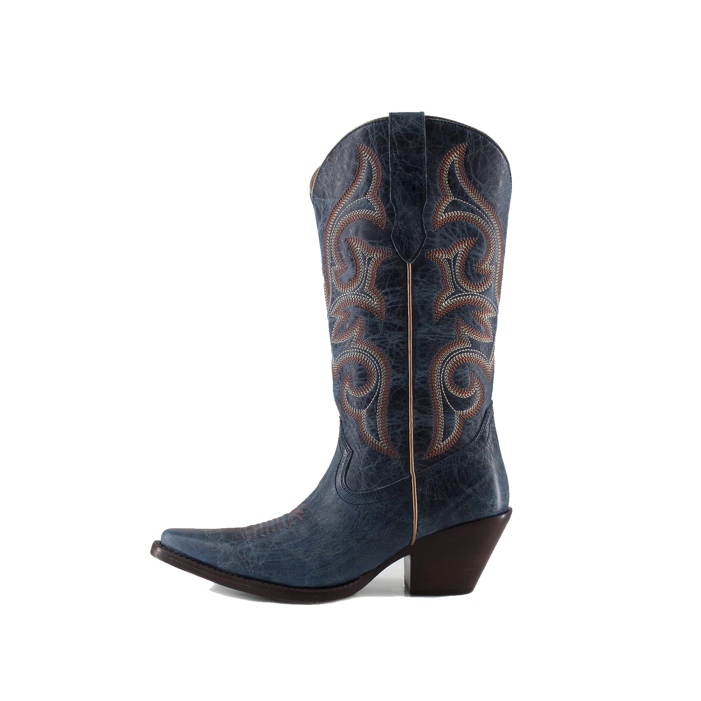 Distressed Dark Blue Snip-Toe Mid Calf Embroidery Cowgirl Boots