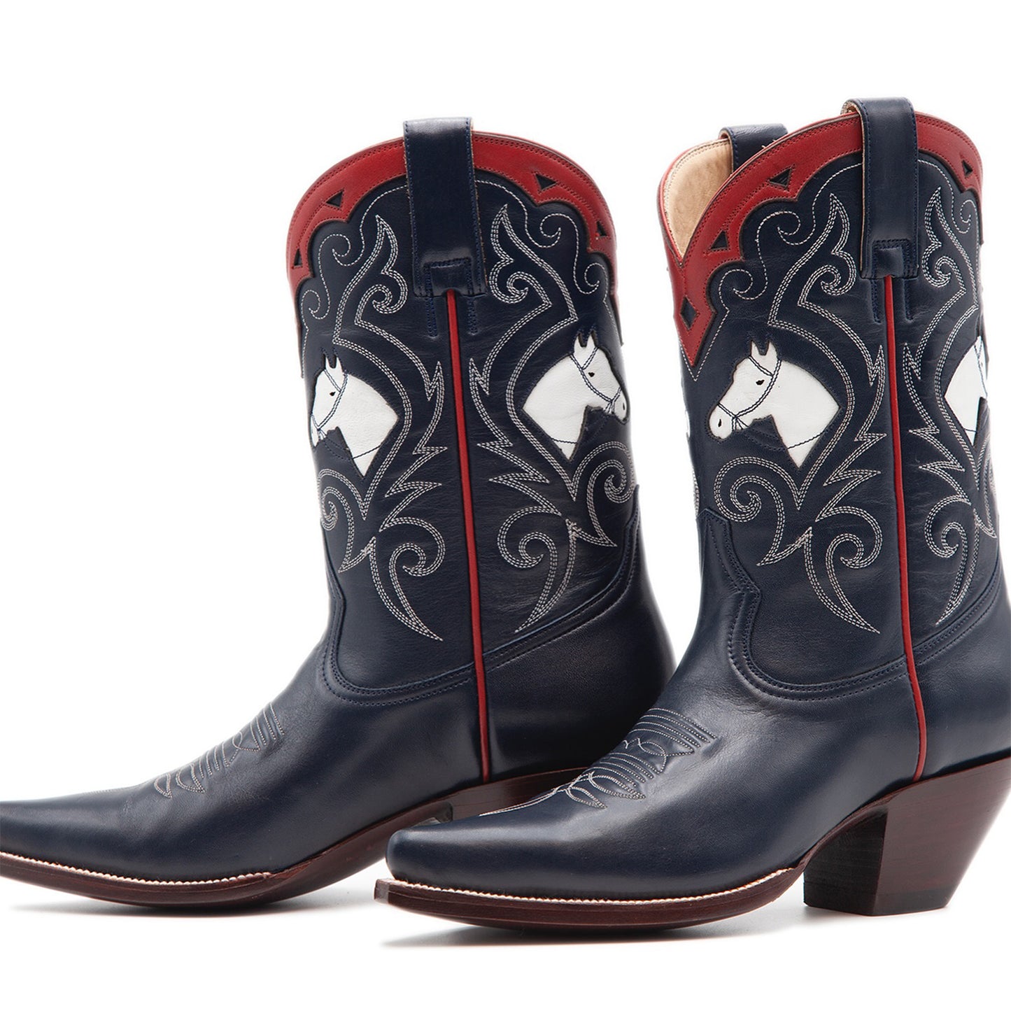Navy Blue Pointed-Toe Embroidery Horses Inlay Ankle Cowgirl Boots