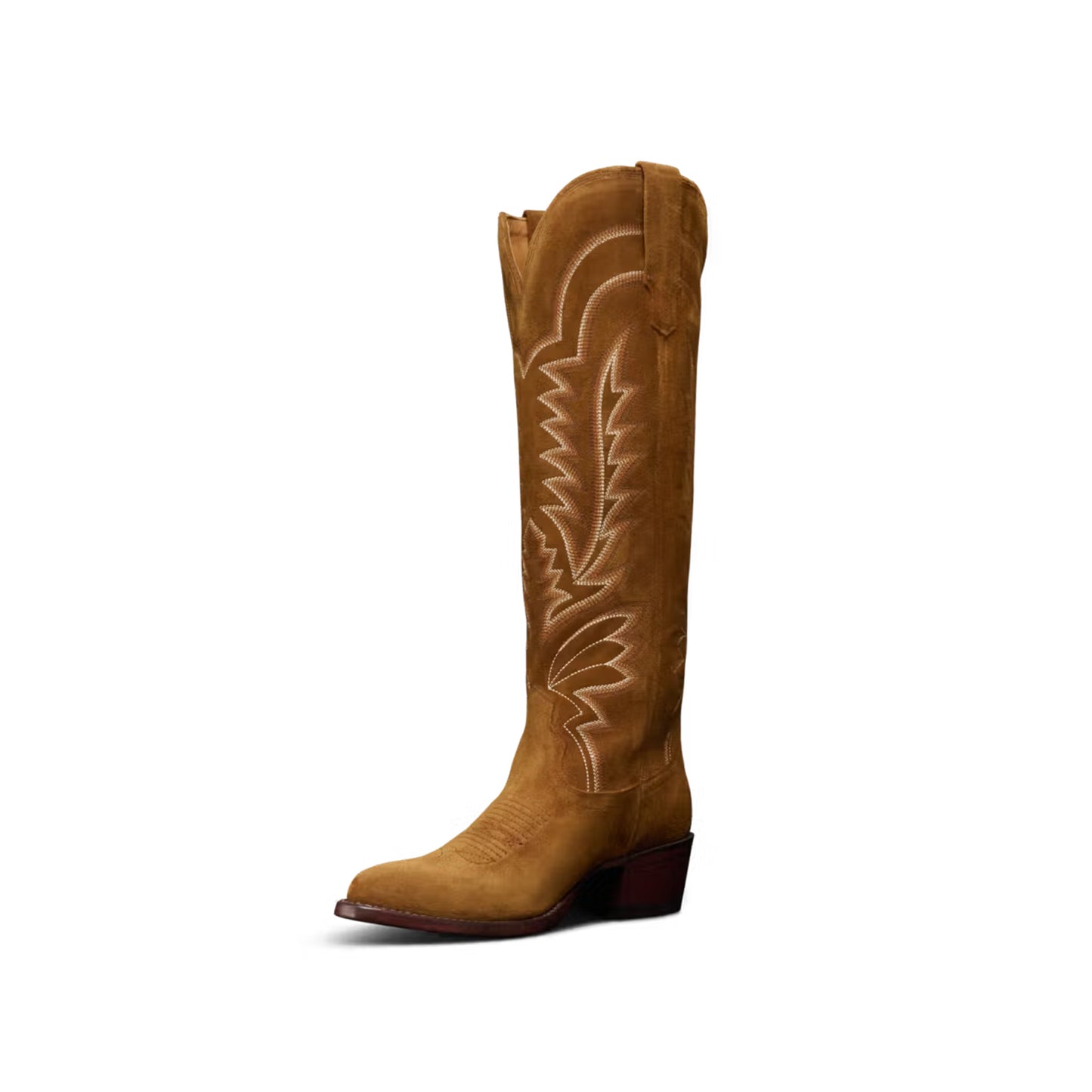 Brown Faux Suede Almond-Toe Embroidery Wide Calf Knee High Cowgirl Boots