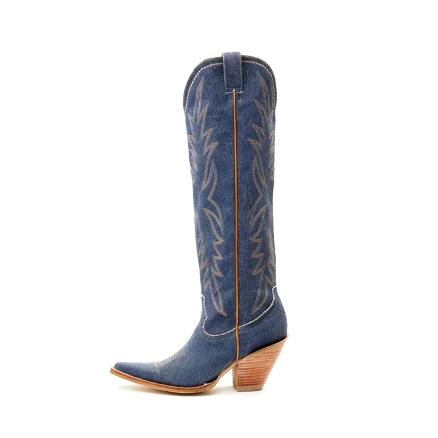 Blue Denim Snip-Toe Half-Zip Embroidery Knee High Cowgirl Boots