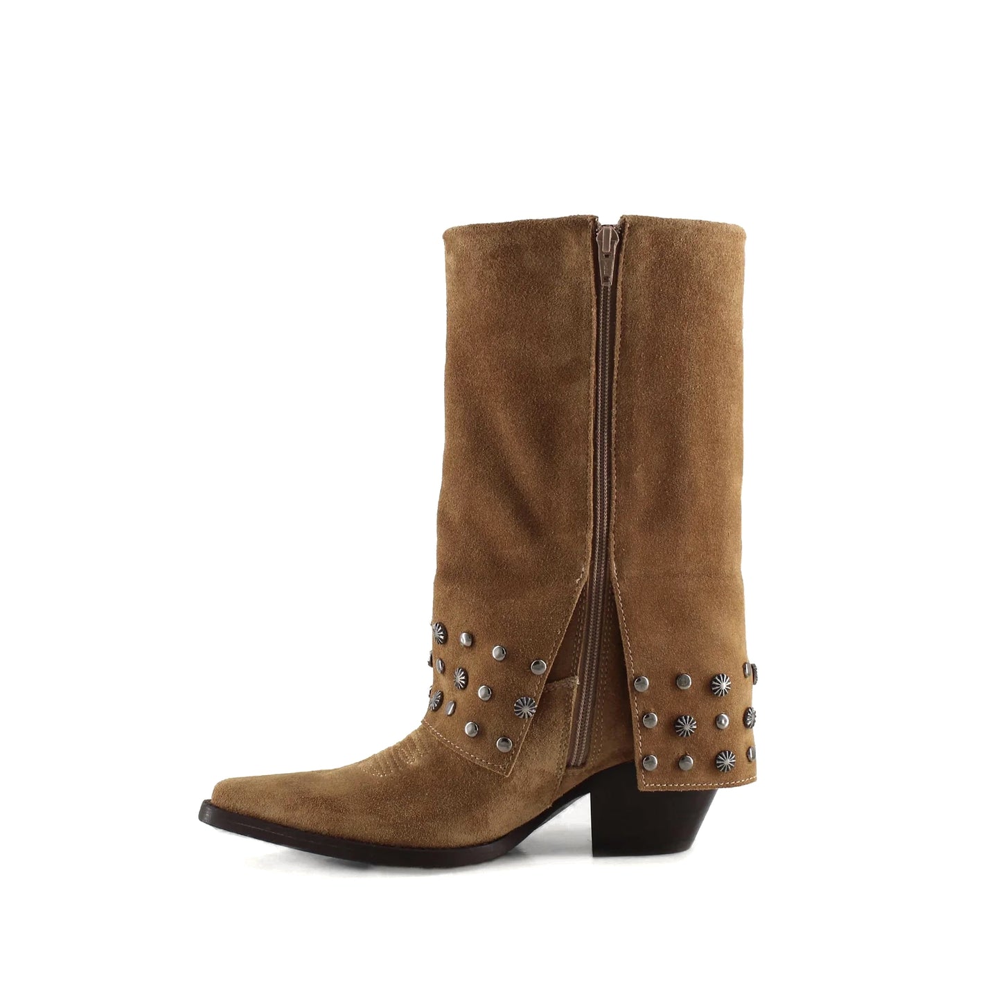 Brown Faux Suede Snip-Toe Studded Fold-Over Full-Zip Mid Calf Cowgirl Boots