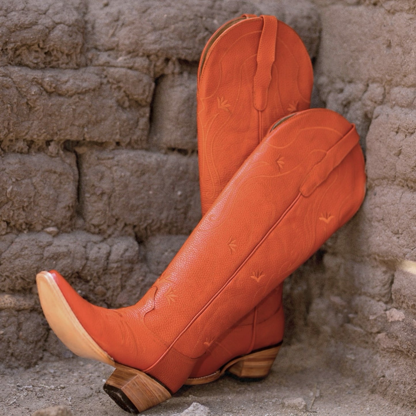 Orange Snip-Toe Wide Calf Embroidery Knee High Cowgirl Boots