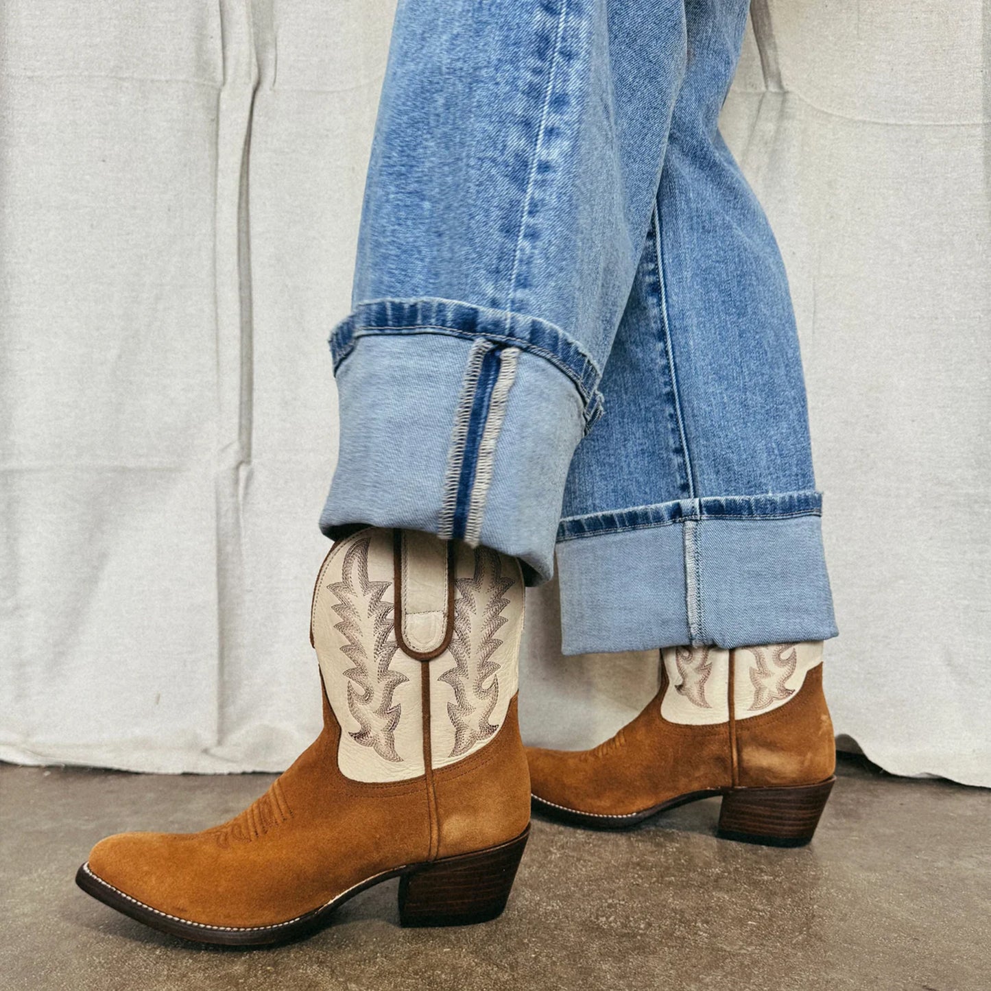 Contrast White And Brown Faux Suede Almond-Toe Embroidery Ankle Cowgirl Boots