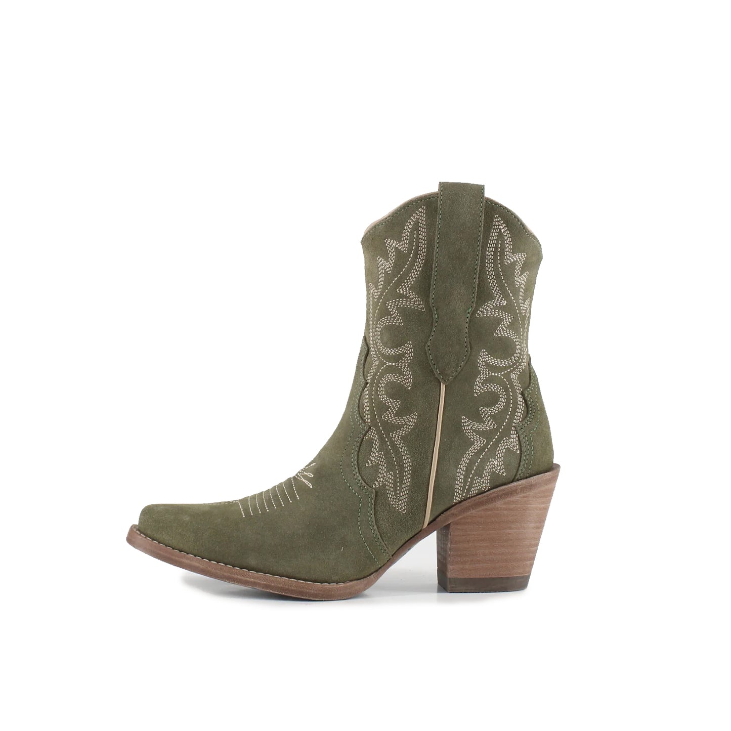Olive Green Faux Suede Snip-Toe Embroidery Ankle Cowgirl Boots