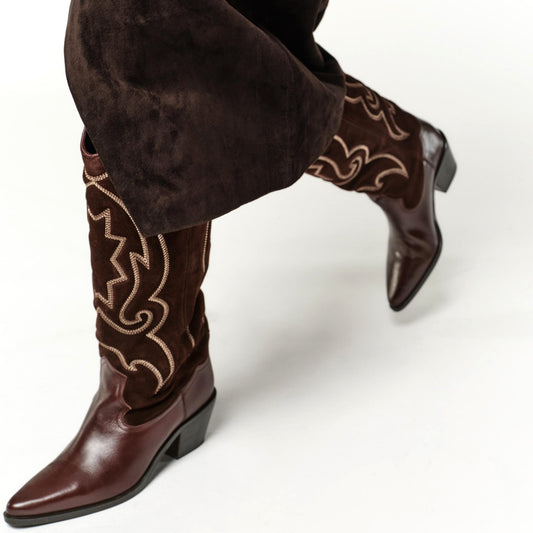 Burgundy Pointed-Toe Embroidery Wide Calf Tall Knee High Cowgirl Boots