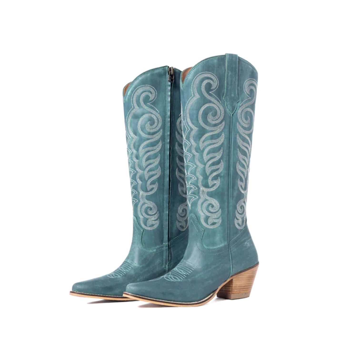 Turquoise Almond-Toe Curled Embroidery Full-Zip Knee High Cowgirl Boots