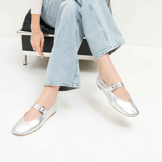Metallic Silver Square-Toe Classic Buckle Bridge Strap Ballet Flats
