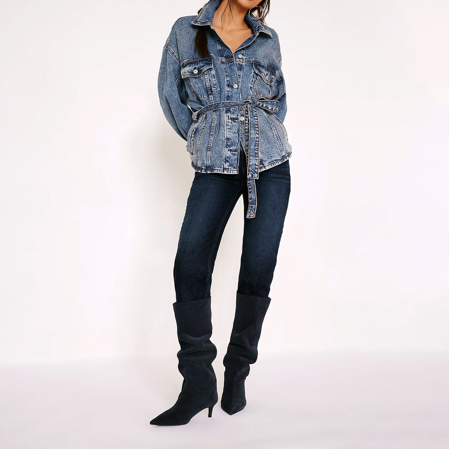 Navy Blue Faux Suede Pointed-Toe Wide Calf Knee High Stiletto Boots