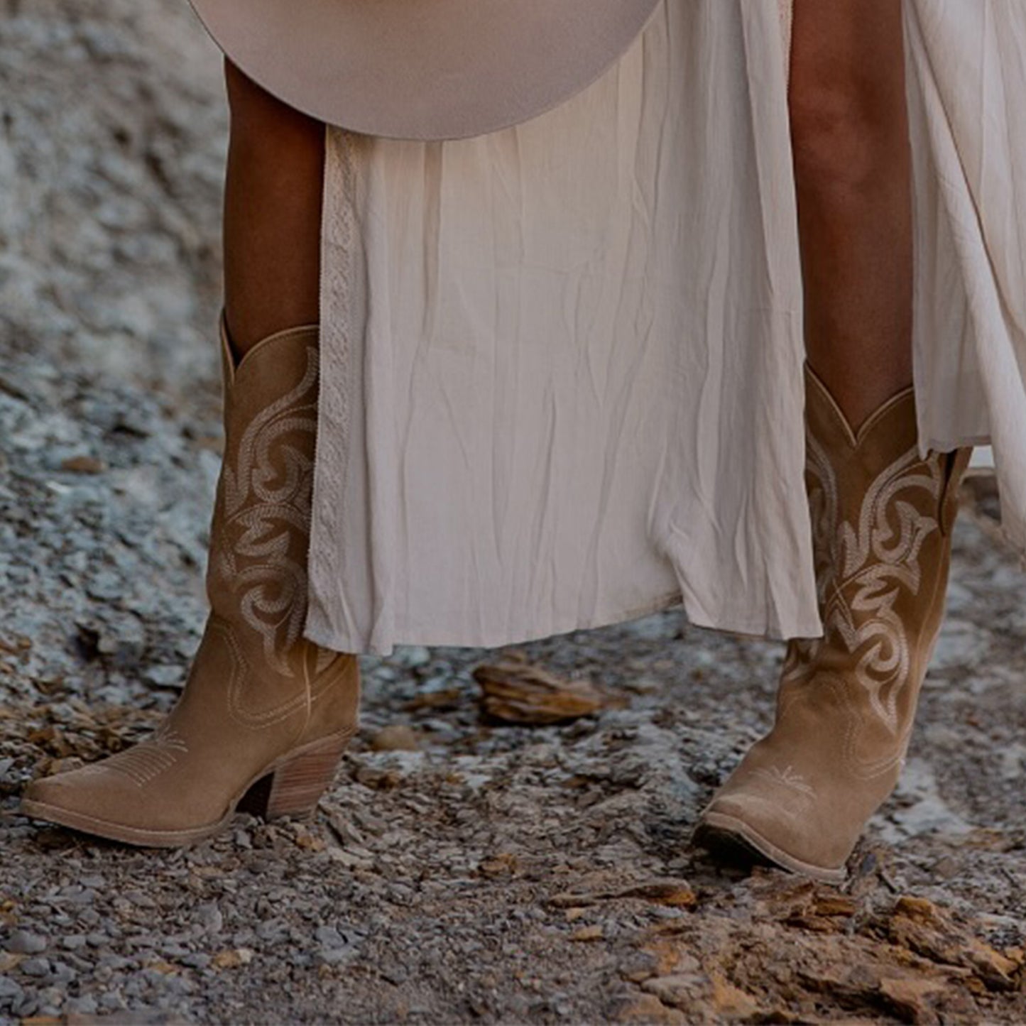 Sand Faux Suede Snip-Toe Mid Calf Embroidery Cowgirl Boots