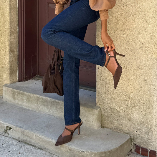 Brown Faux Suede Pointed-Toe S-Shaped Strap High Heels