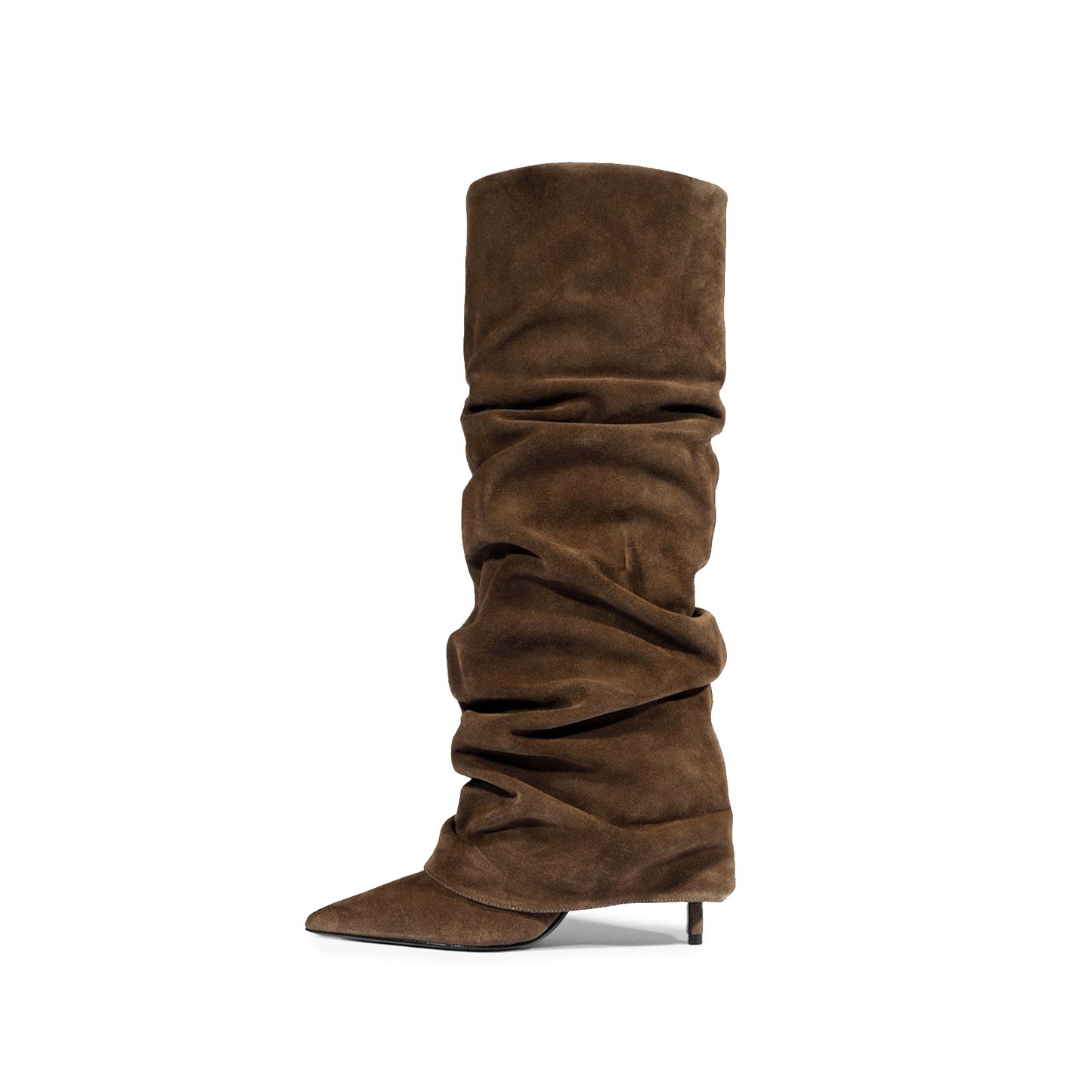 Brown Faux Suede Pointed-Toe Tall Fold-Over Wide Calf Knee High Stiletto Boots