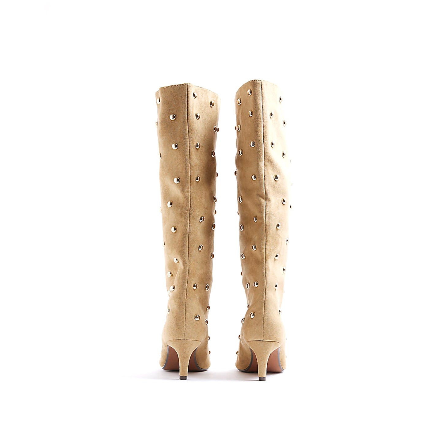 Beige Faux Suede Pointed-Toe Studded Wide Calf Knee High Stiletto Boots