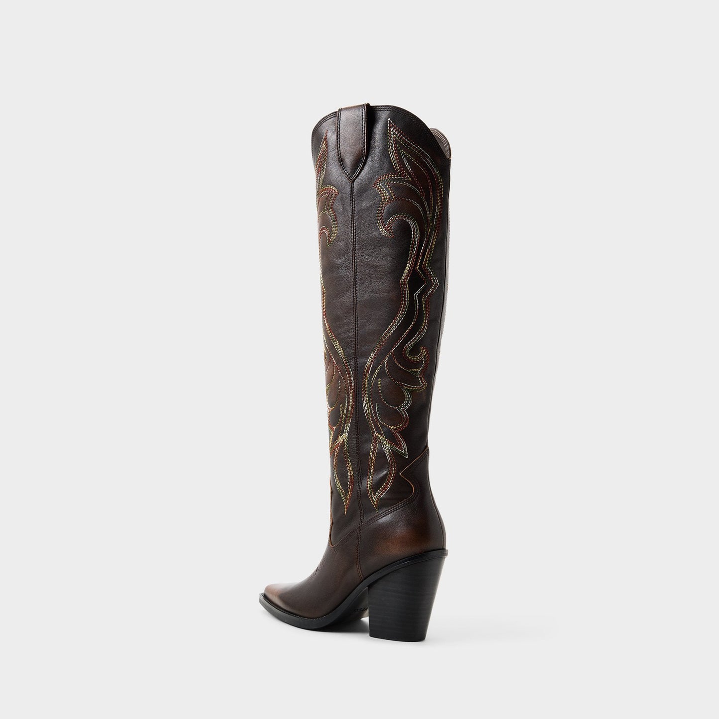 Brown Pointed-Toe Big Wings Embroidery Wide Calf Knee High Cowgirl Boots