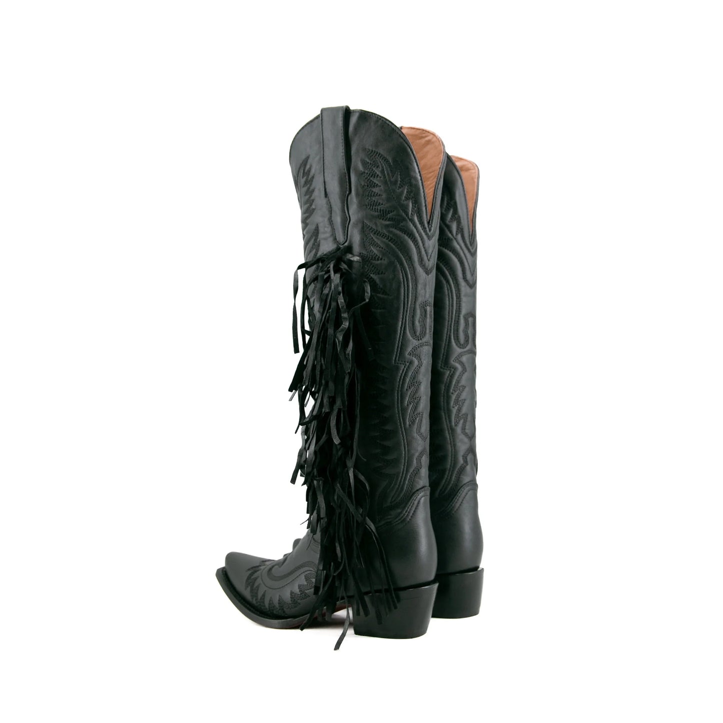 Black Snip-Toe Embroidery Side Fringe Half-Zip Knee High Cowgirl Boots