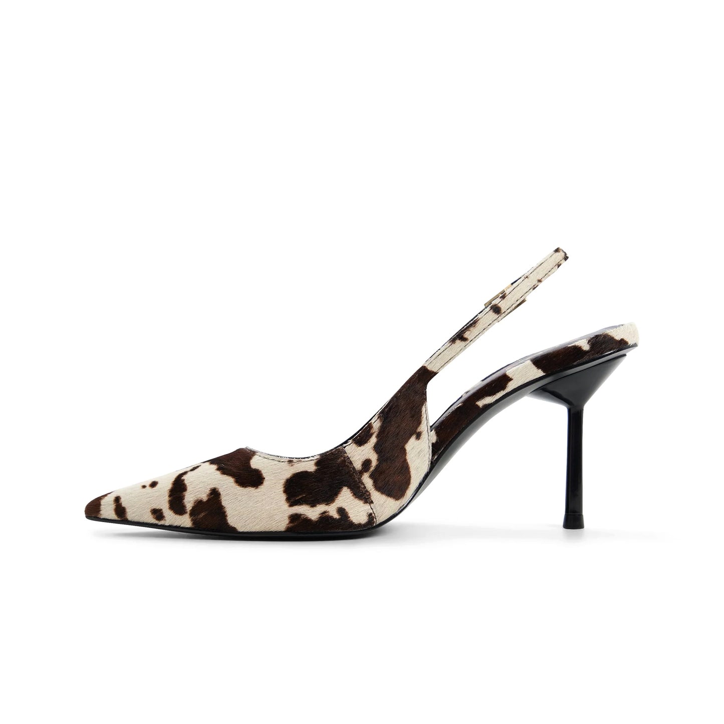 Cow Print Pony Hair Pointed-Toe Slingback Kitten Heels