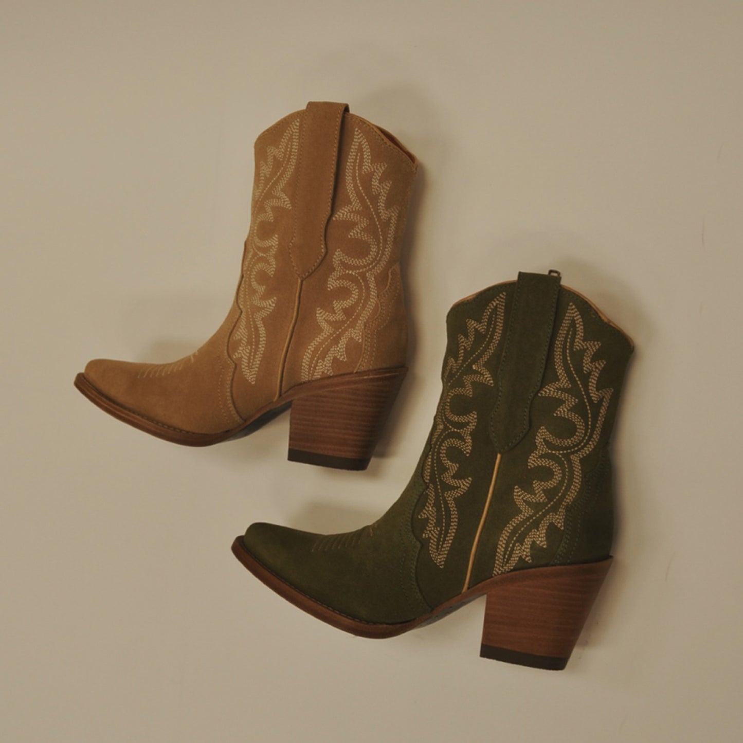 Brown Faux Suede Snip-Toe Embroidery Ankle Cowgirl Boots