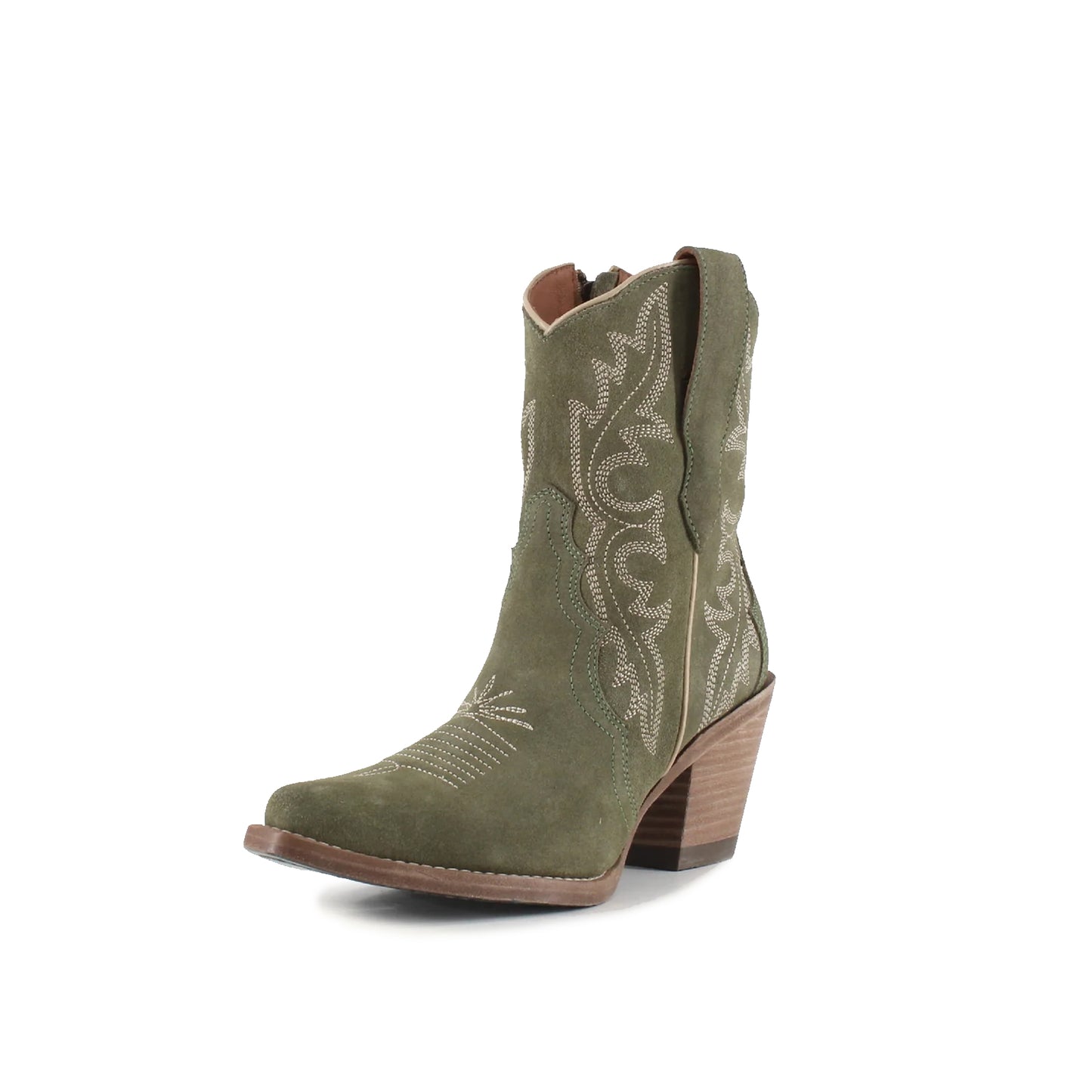 Olive Green Faux Suede Snip-Toe Embroidery Ankle Cowgirl Boots