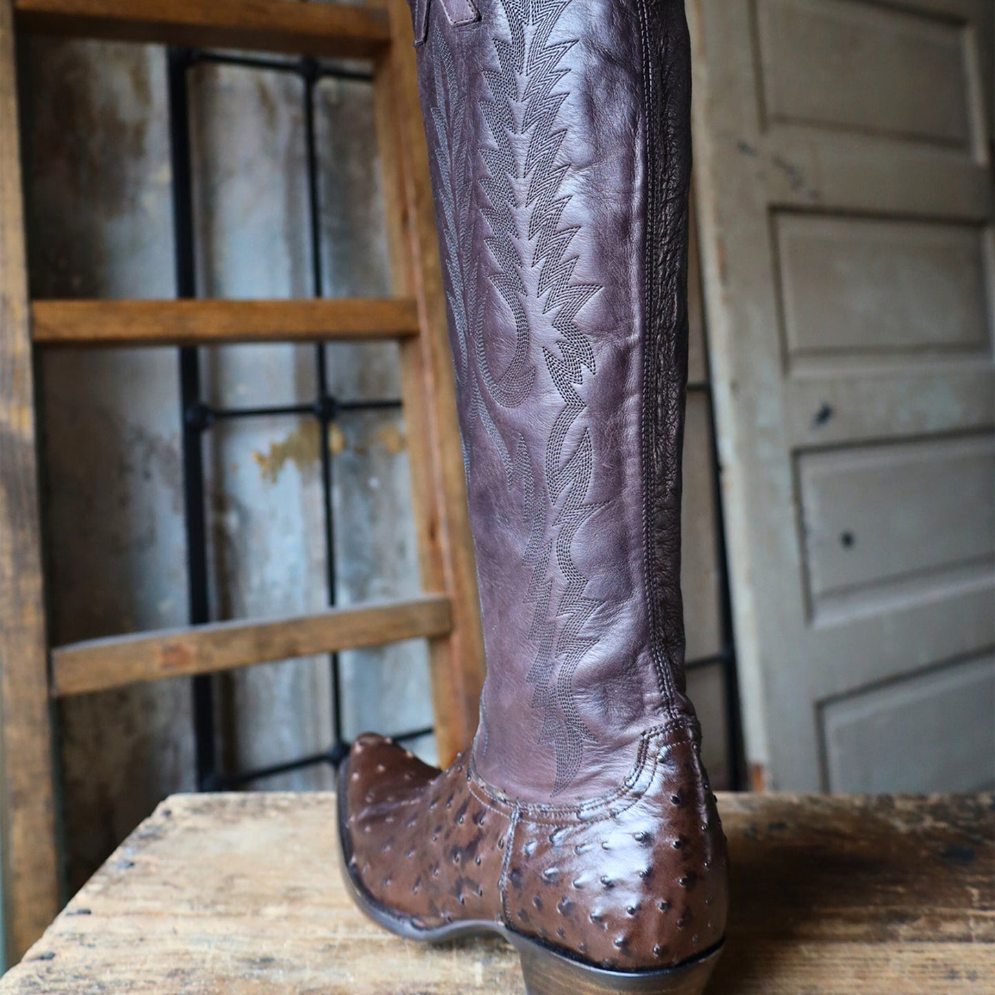 Chocolate Contrast Vegan Leather And Ostrich Print Snip-Toe Embroidery Half-Zip Knee High Cowgirl Boots