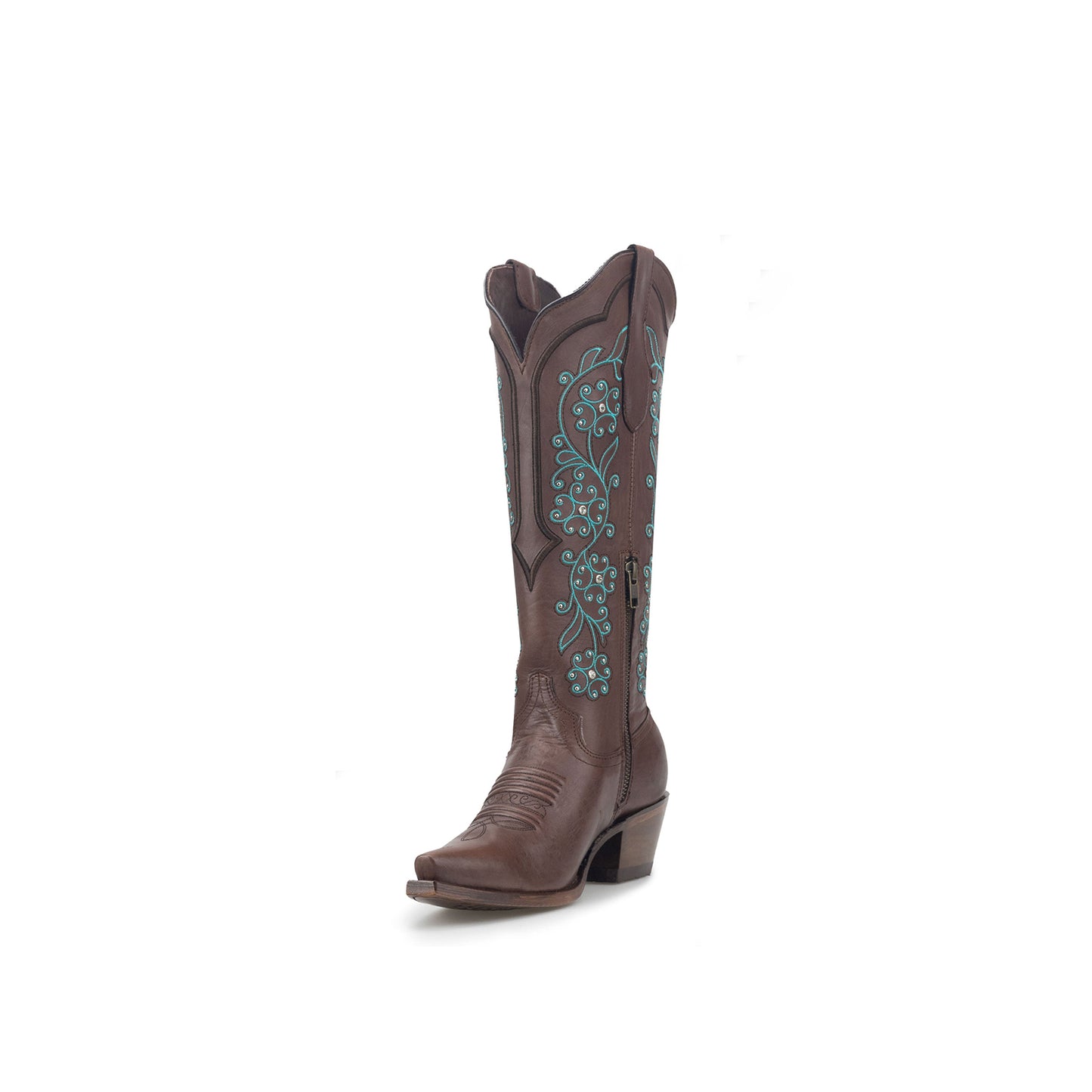 Brown Snip-Toe Embroidery Rhinestone Studs Half-Zip Knee High Cowgirl Boots