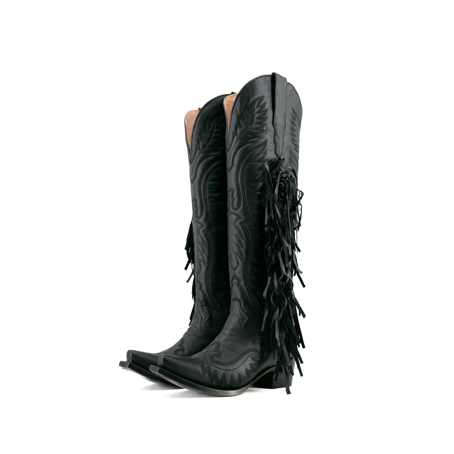Black Snip-Toe Embroidery Side Fringe Half-Zip Knee High Cowgirl Boots