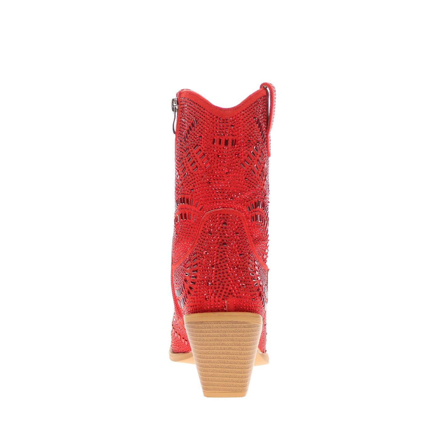 Red Faux Suede Pointed-Toe Full Crystals Full-Zip Ankle Cowgirl Boots
