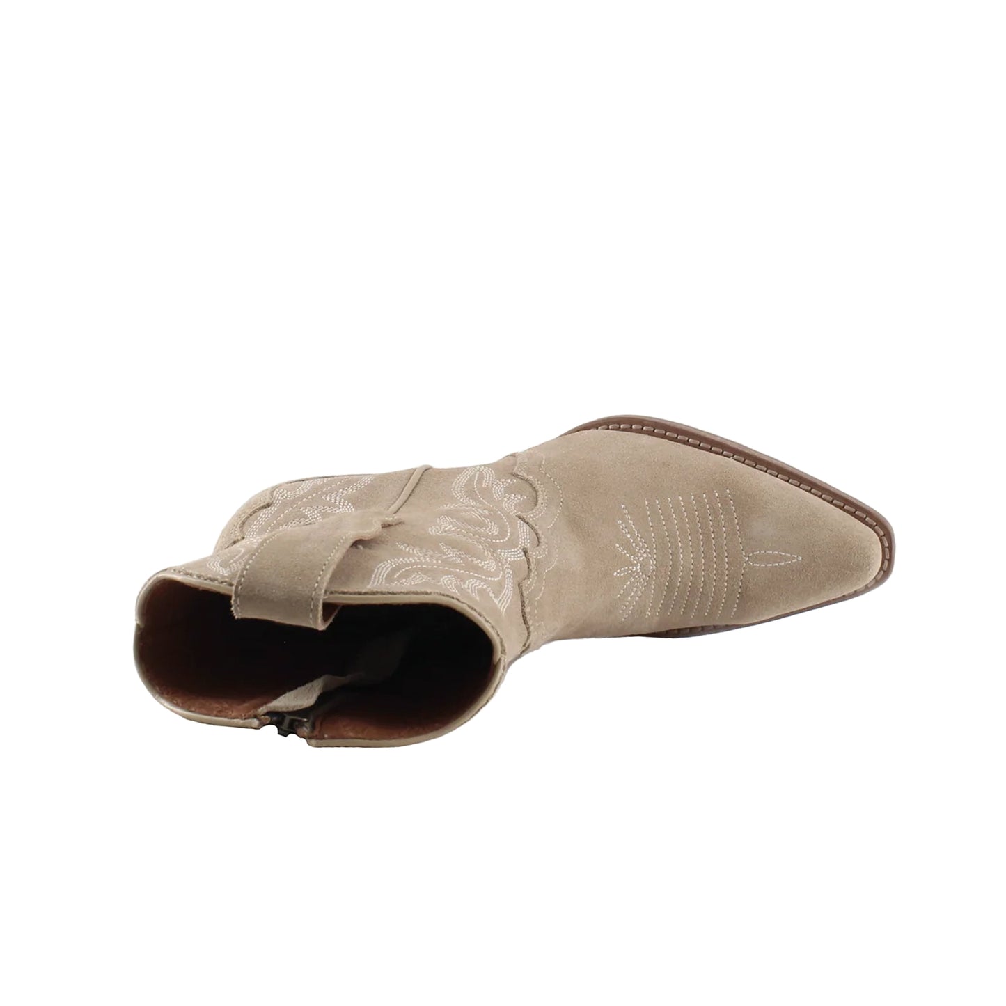 Beige Faux Suede Snip-Toe Embroidery Ankle Cowgirl Boots
