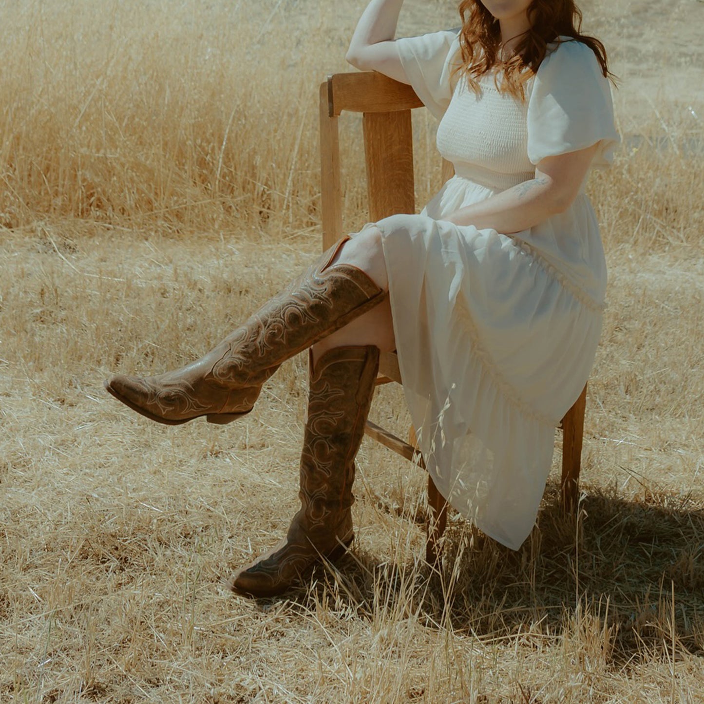 Distressed Brown Snip-Toe Wide Calf Embroidery Knee High Cowgirl Boots