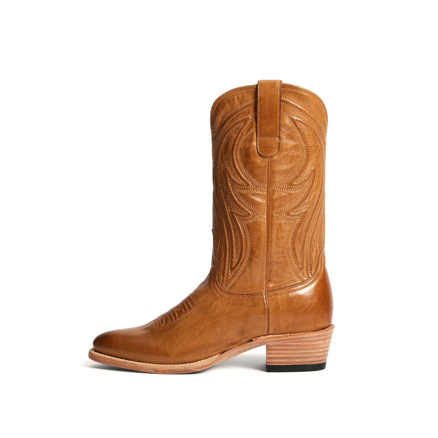 Tan Almond-Toe Embroidery Classic Mid Calf Cowgirl Boots