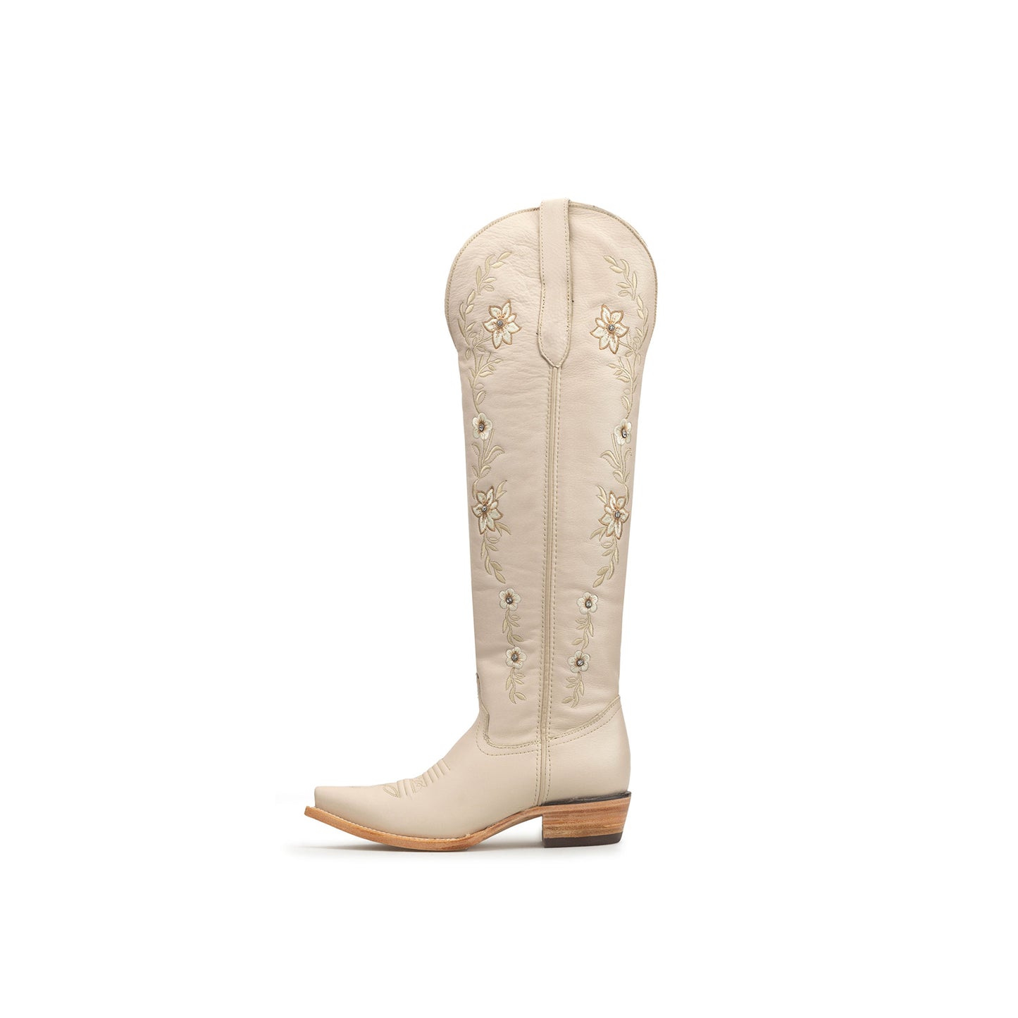 Cream Snip-Toe Flower Embroidery Rhinestone Half-Zip Knee High Cowgirl Boots