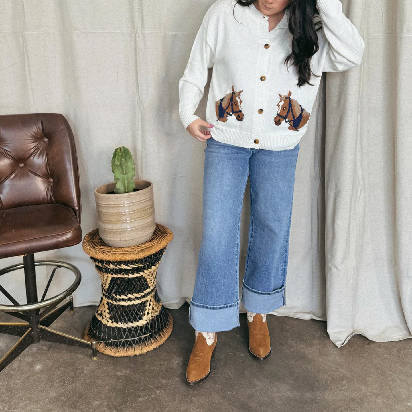 Contrast White And Brown Faux Suede Almond-Toe Embroidery Ankle Cowgirl Boots