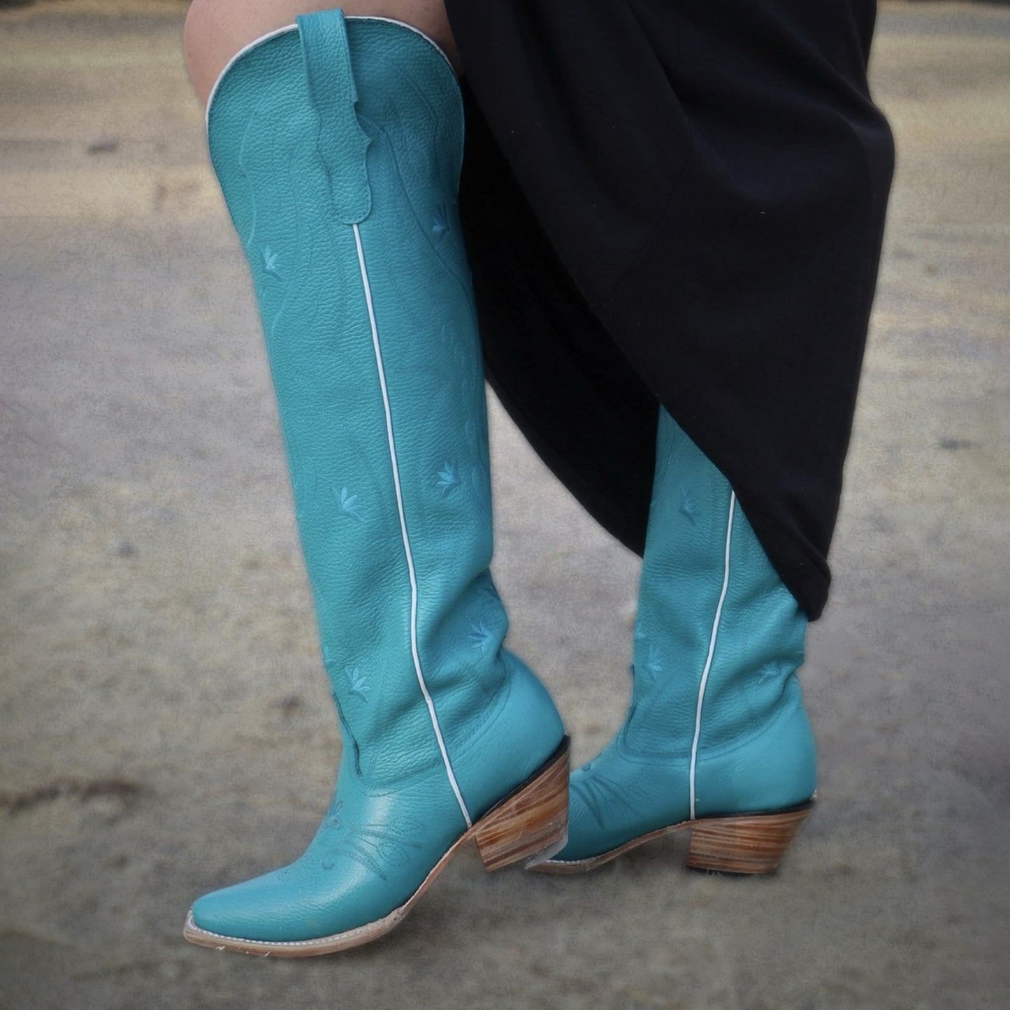 Sky Blue Snip-Toe Wide Calf Embroidery Knee High Cowgirl Boots