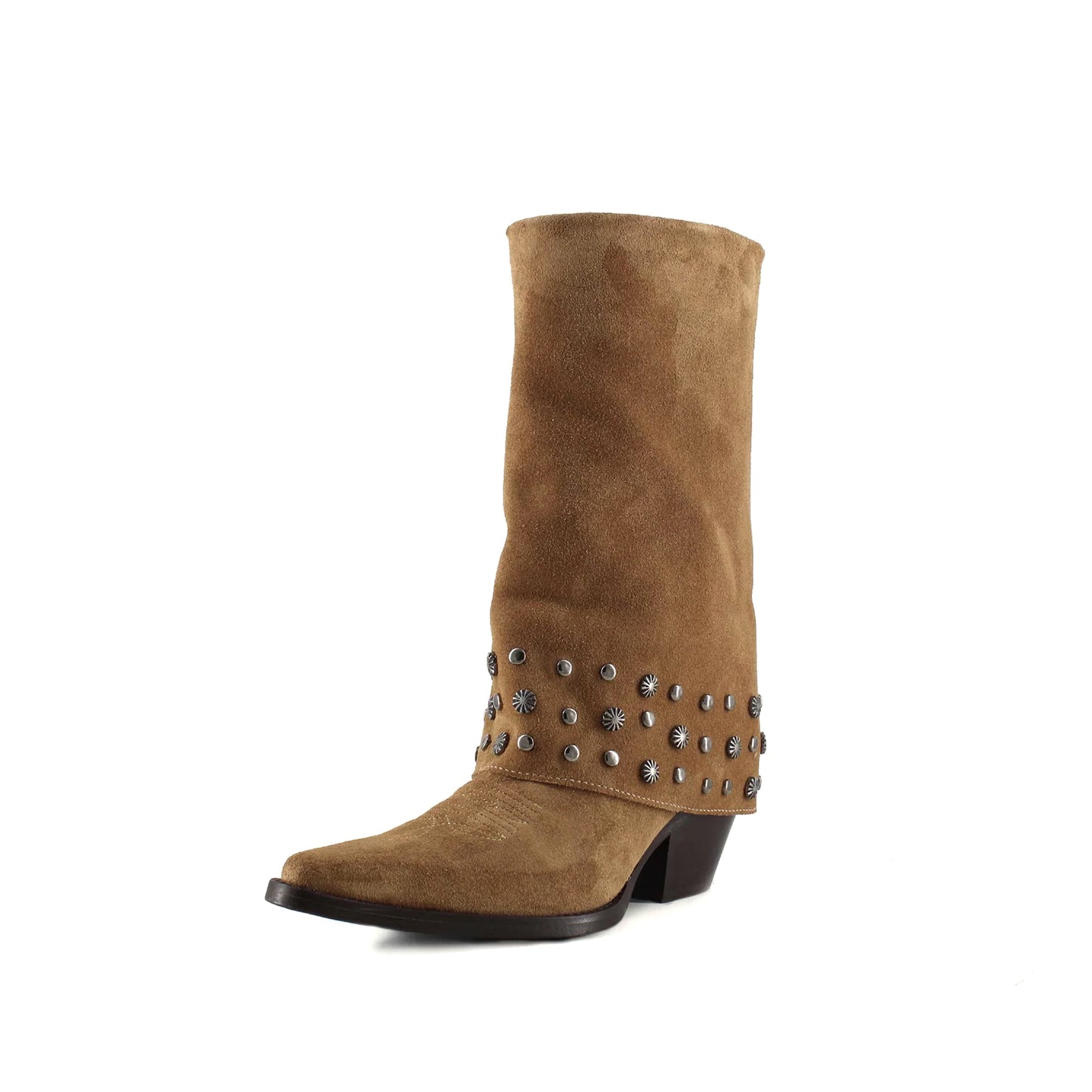 Brown Faux Suede Snip-Toe Studded Fold-Over Full-Zip Mid Calf Cowgirl Boots