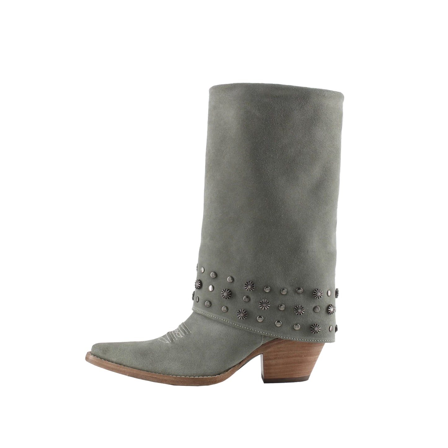 Gray Faux Suede Snip-Toe Studded Fold-Over Full-Zip Mid Calf Cowgirl Boots