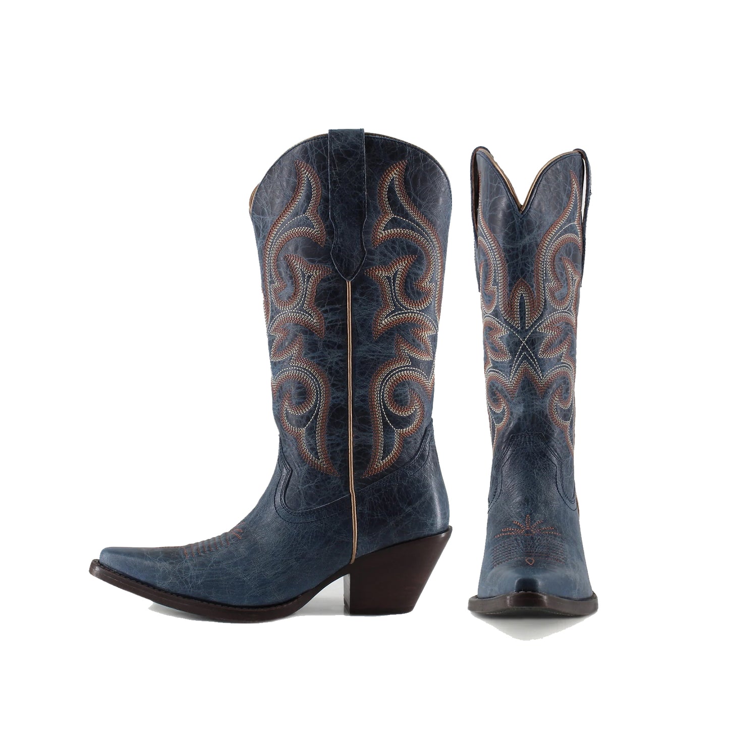 Distressed Dark Blue Snip-Toe Mid Calf Embroidery Cowgirl Boots