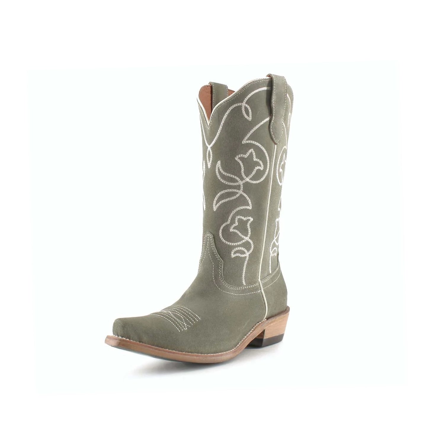Gray Faux Suede Snip-Toe Embroidery Mid Calf Classic Cowgirl Boots