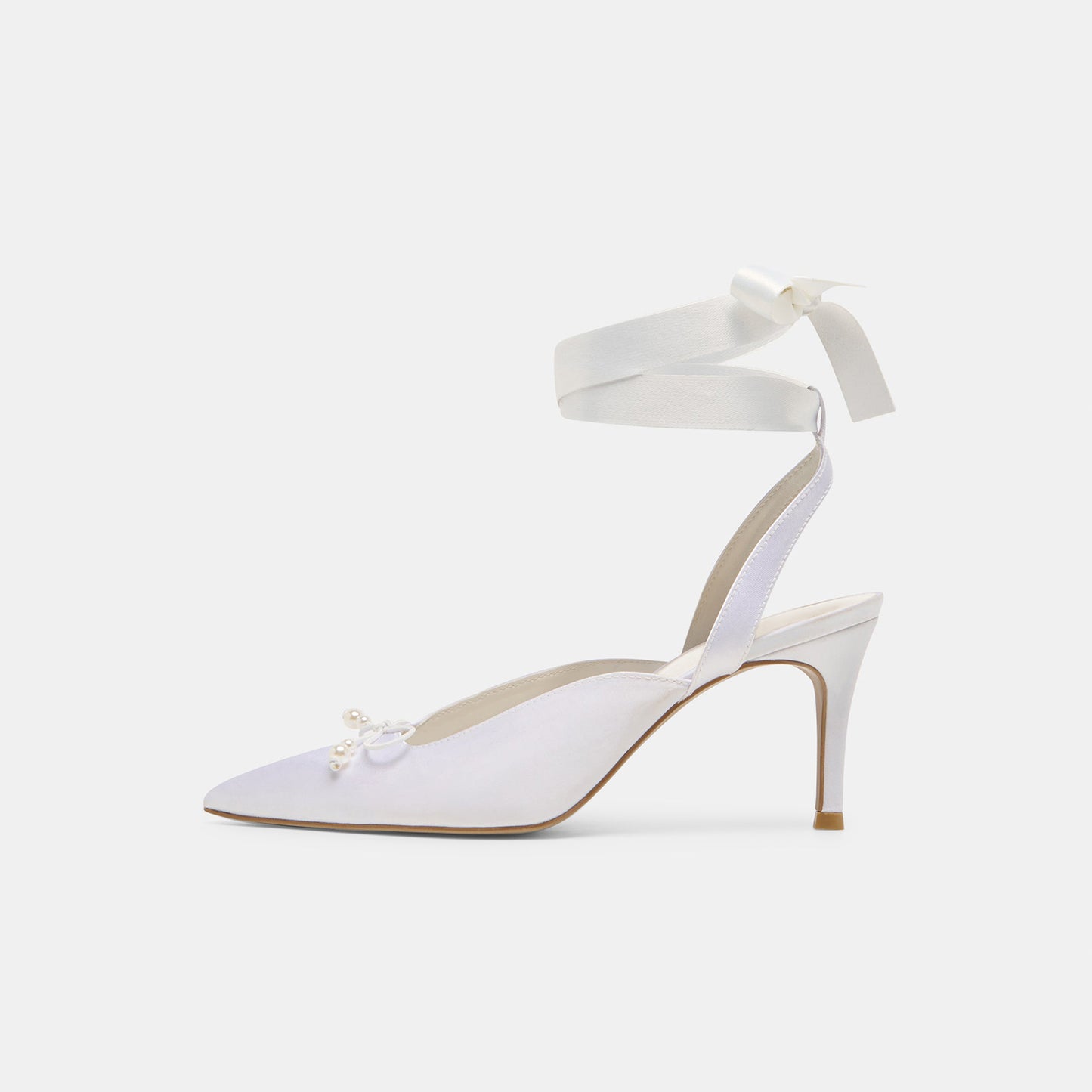 White Satin Pointed-Toe Pearl Front Bow Slingback Ankle Strap Kitten Heels
