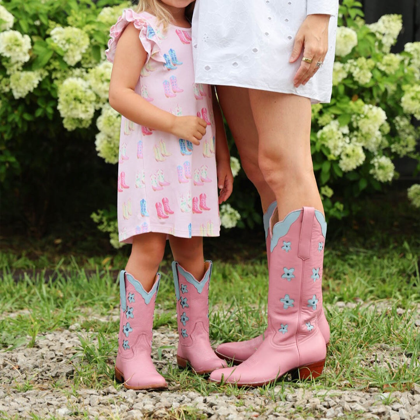 Pink Almond-Toe Powder Blue Flowers Inlay Wide Calf Knee High Cowgirl Boots