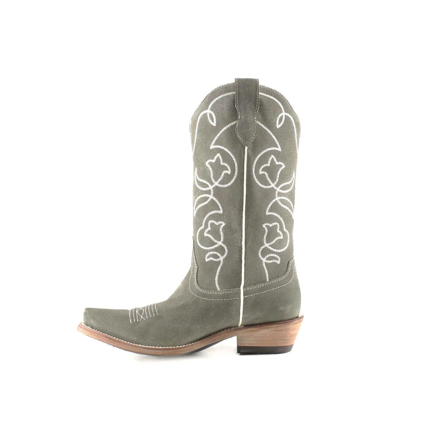 Gray Faux Suede Snip-Toe Embroidery Mid Calf Classic Cowgirl Boots