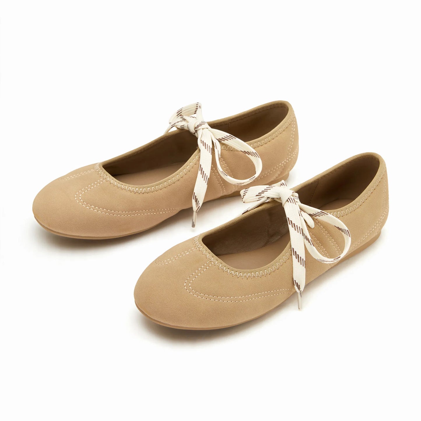 Khaki Faux Suede Round-Toe Middle Strap Simple Ballet Flats