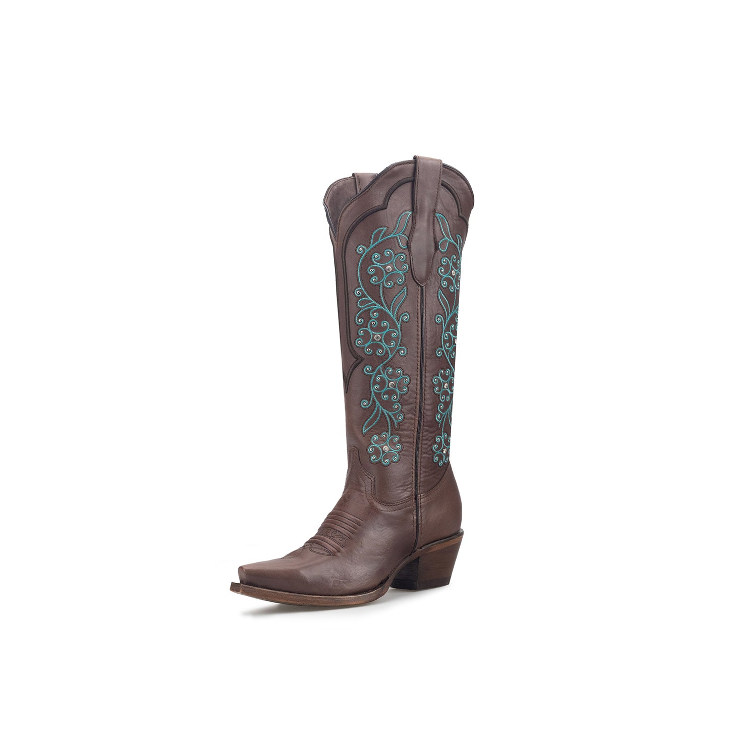 Brown Snip-Toe Embroidery Rhinestone Studs Half-Zip Knee High Cowgirl Boots