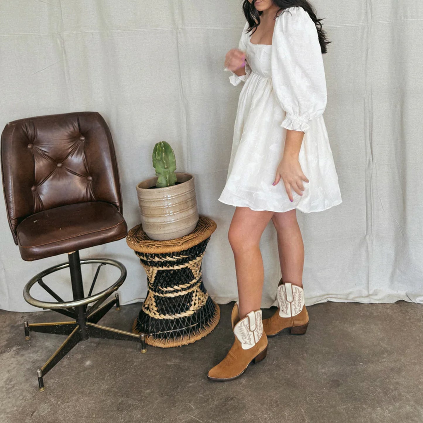 Contrast White And Brown Faux Suede Almond-Toe Embroidery Ankle Cowgirl Boots