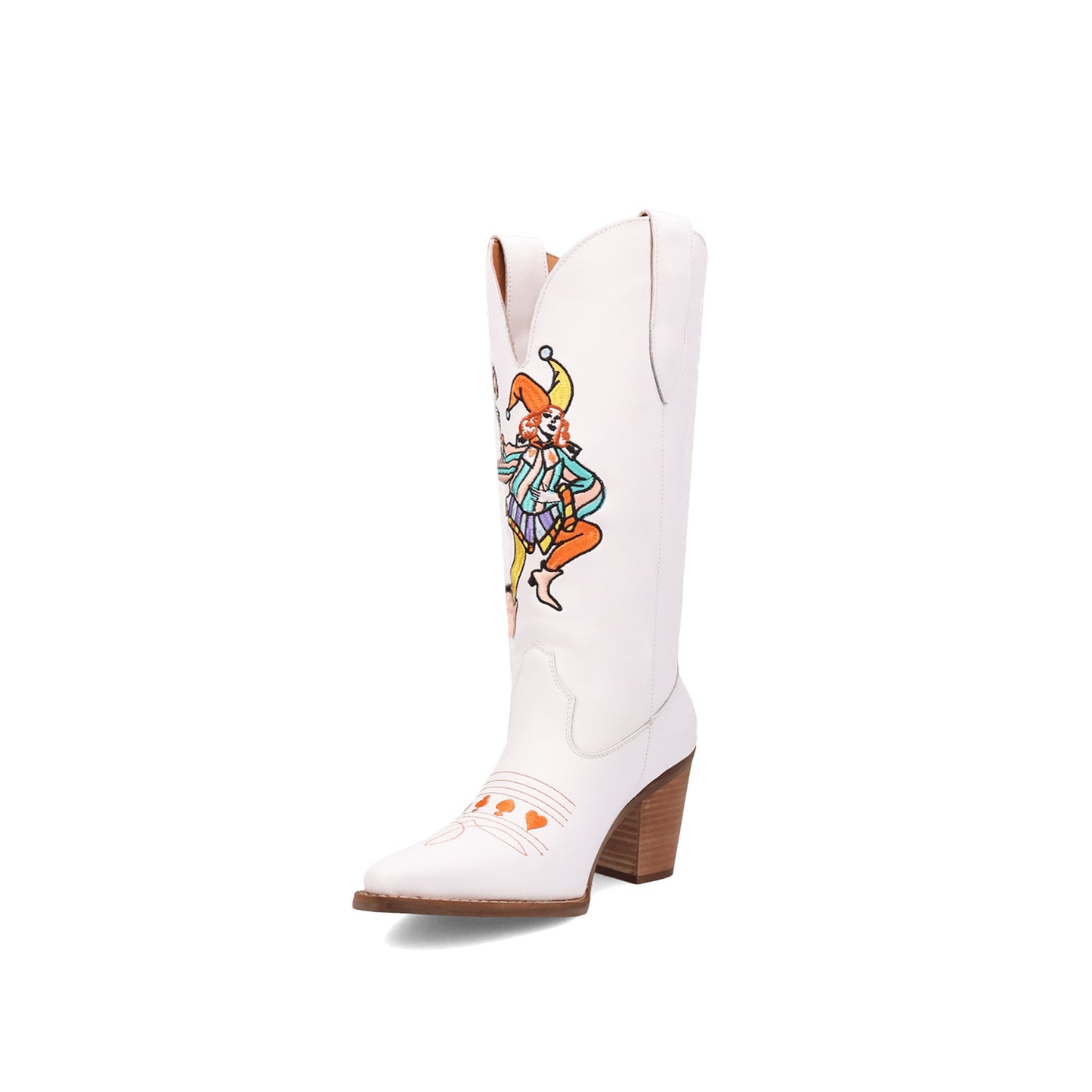 White Snip-Toe Joker Embroidery Mid Calf Cowgirl Boots