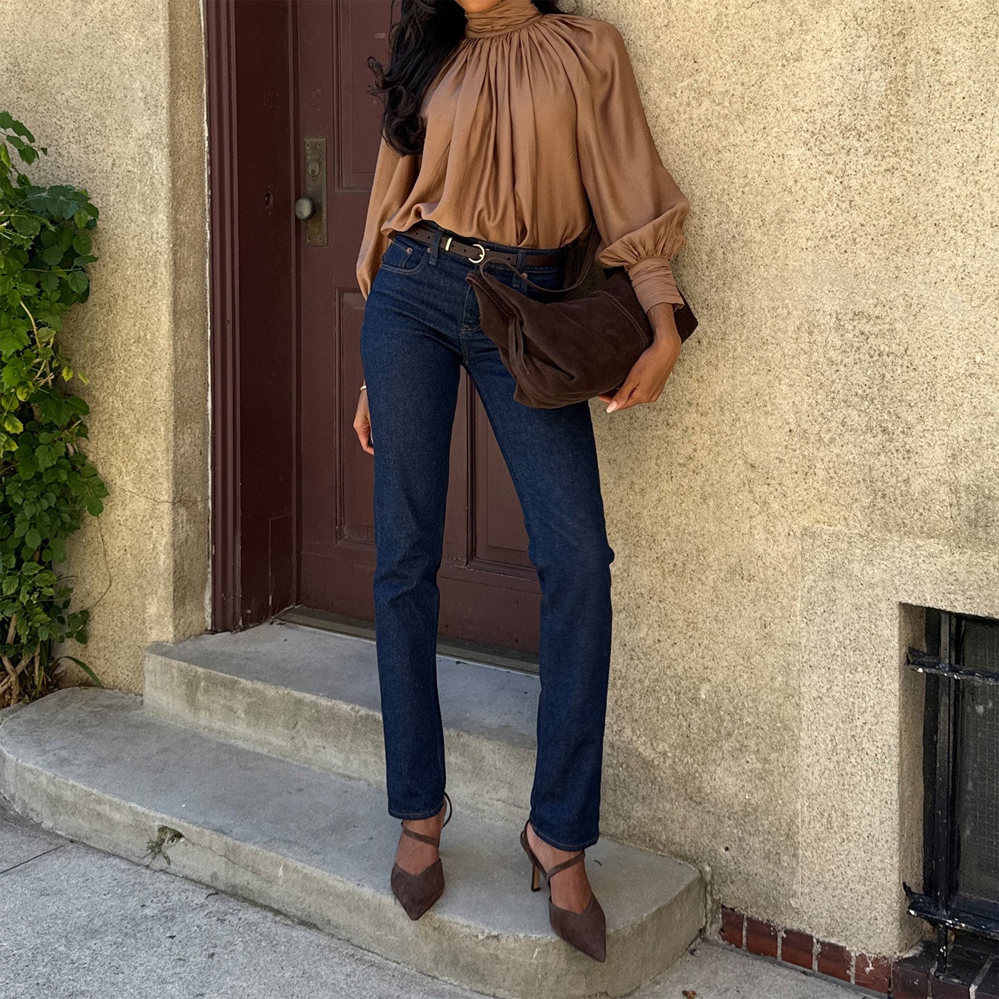 Brown Faux Suede Pointed-Toe S-Shaped Strap High Heels