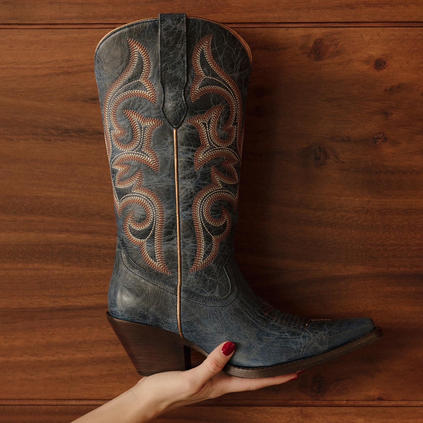 Distressed Dark Blue Snip-Toe Mid Calf Embroidery Cowgirl Boots