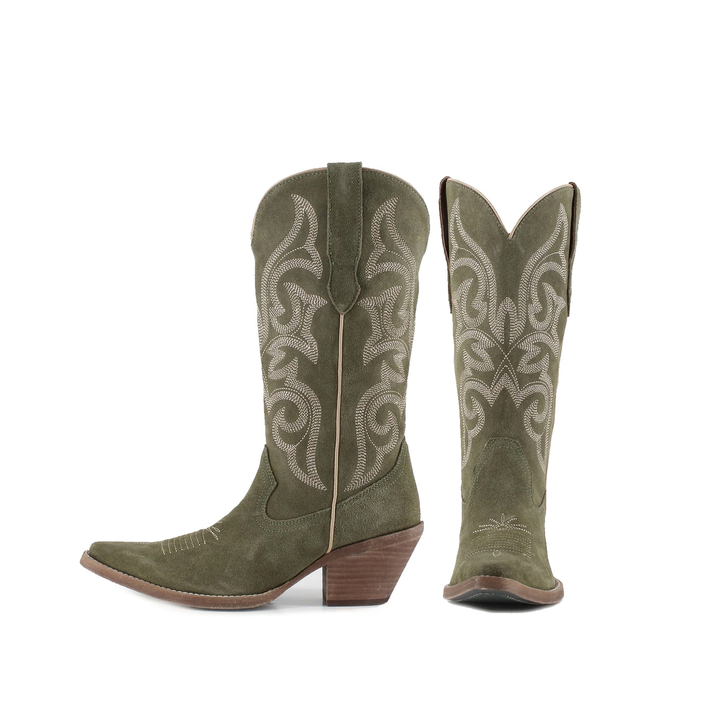 Green Faux Suede Snip-Toe Mid Calf Embroidery Cowgirl Boots