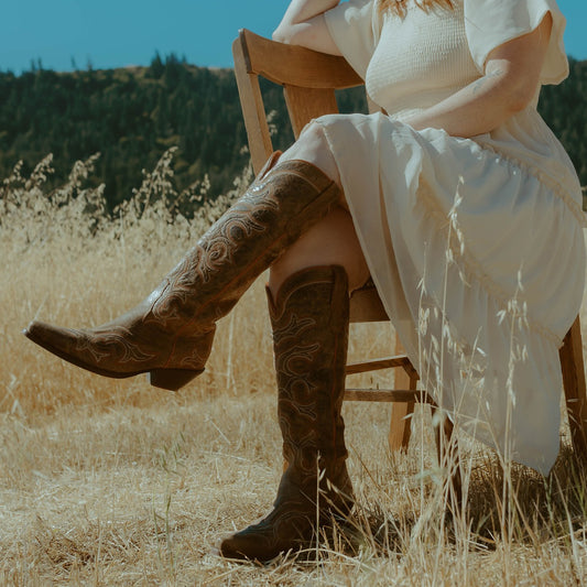 Distressed Brown Snip-Toe Wide Calf Embroidery Knee High Cowgirl Boots