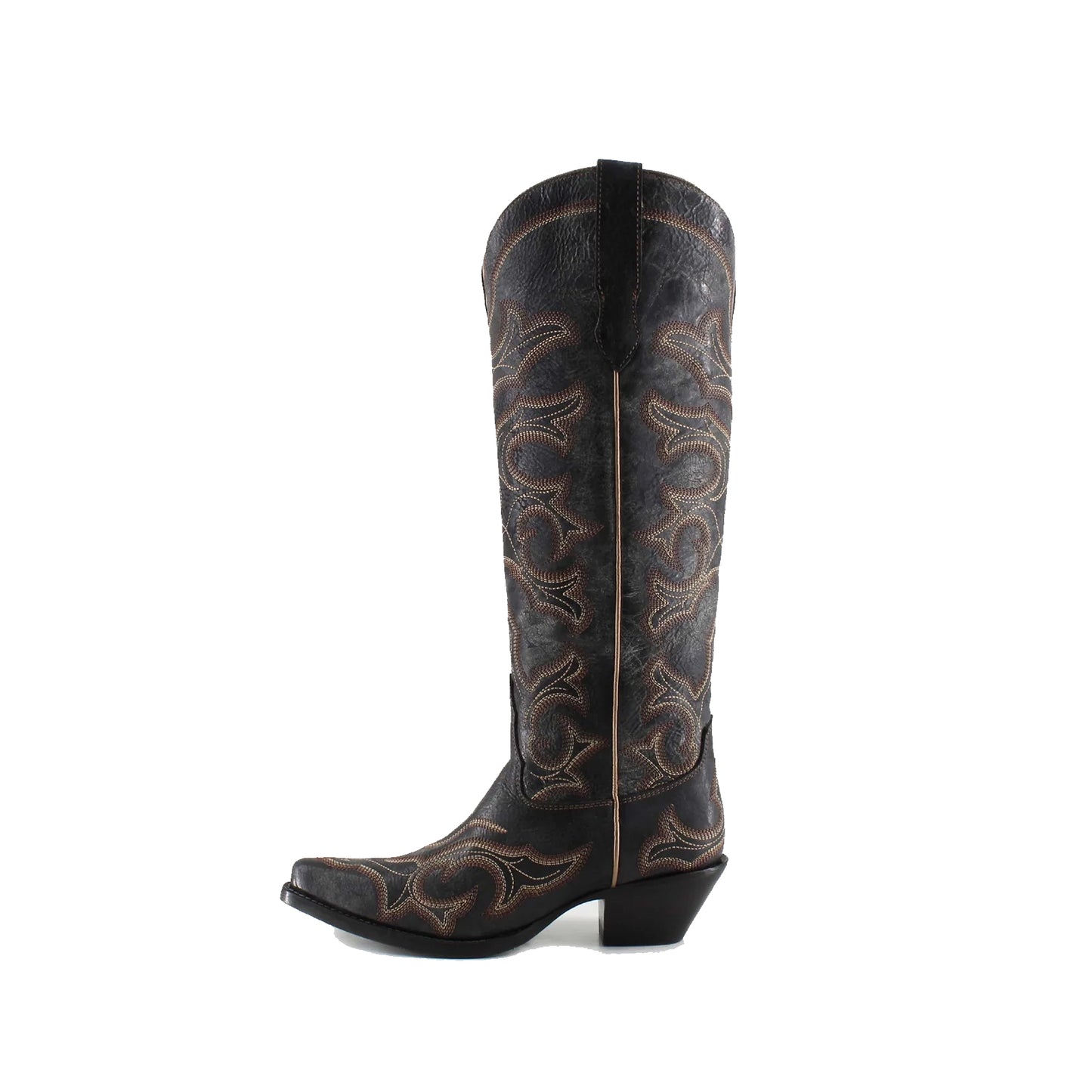 Distressed Black Snip-Toe Wide Calf Embroidery Knee High Cowgirl Boots